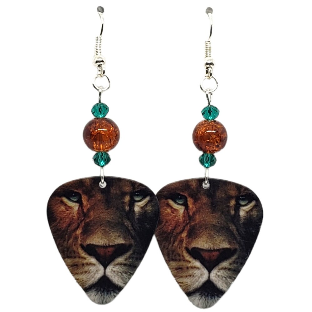 Lion Cat Face on Guitar Pick Beaded Earrings - Handmade in USA Clearance Sale!